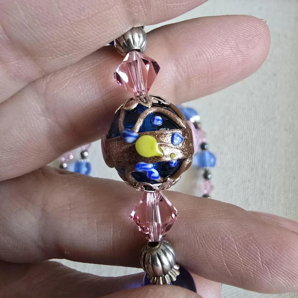Murano Glass Wedding Cake Bead Necklace Sterling 925 Blue Pink Venetian Lampwork